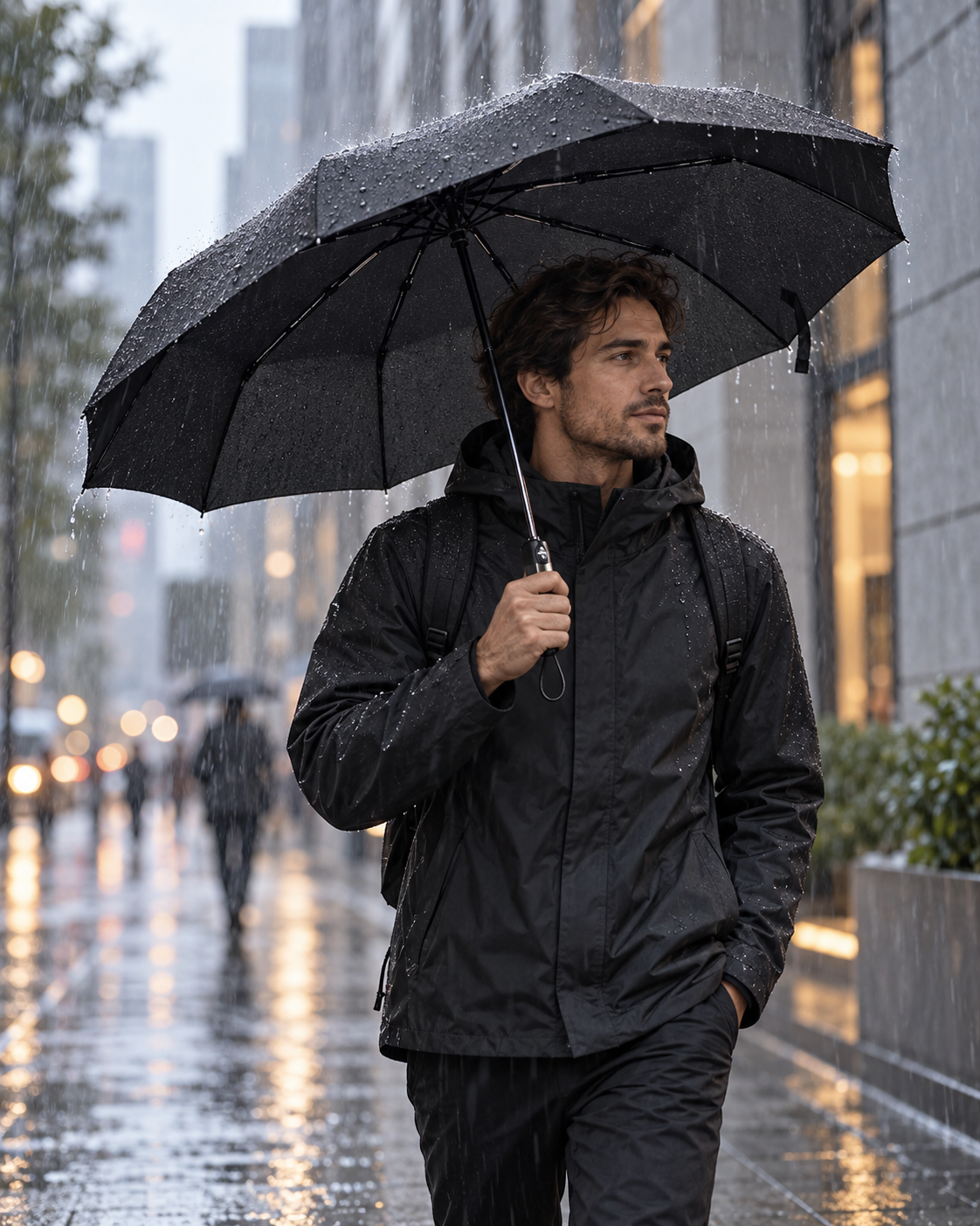 Man carrying a Hardbrella automatic umbrella through a rainy city